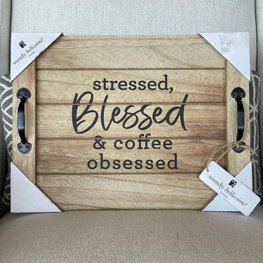 NWT Wendy Bellisimo 16”x11” Wood Noodle Board Stressed Blessed  Coffee Obsessed